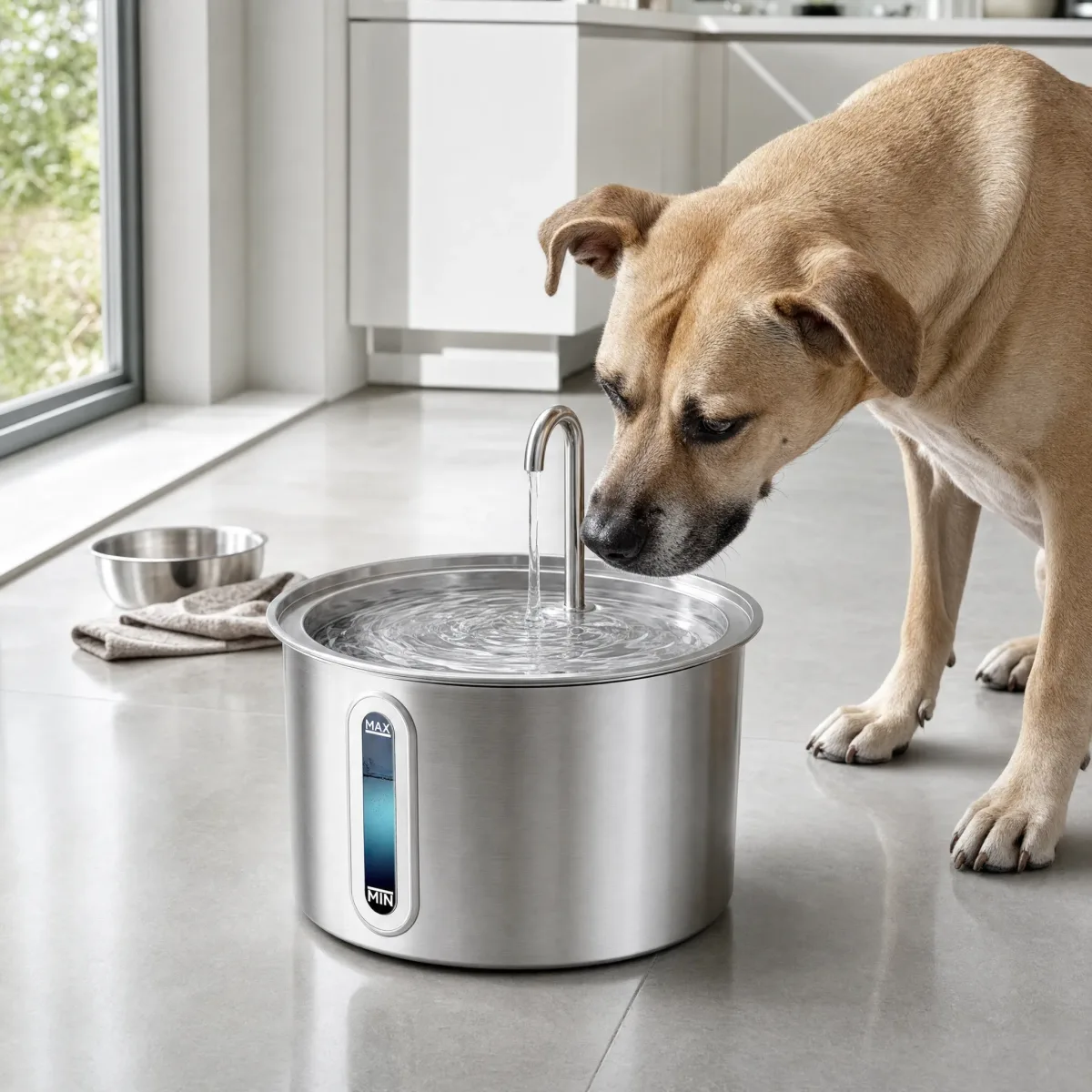 Fontanella per cani in acciaio inox appoggiata sul pavimento della cucina
