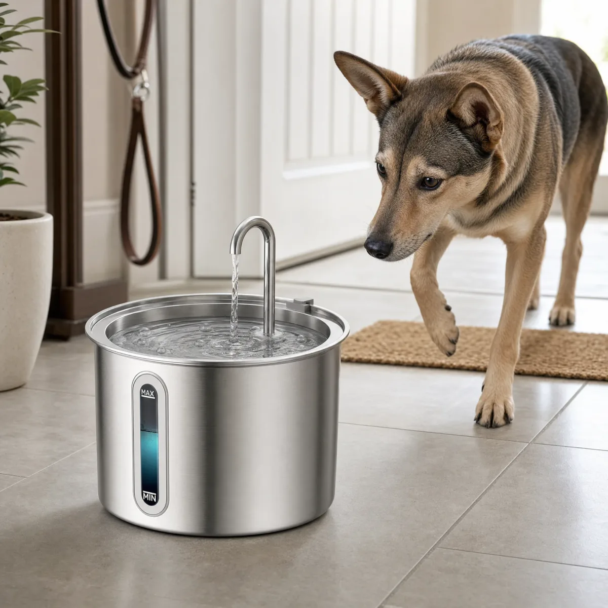 Fontanella per cani in acciaio inox posizionata nell'ingresso di casa
