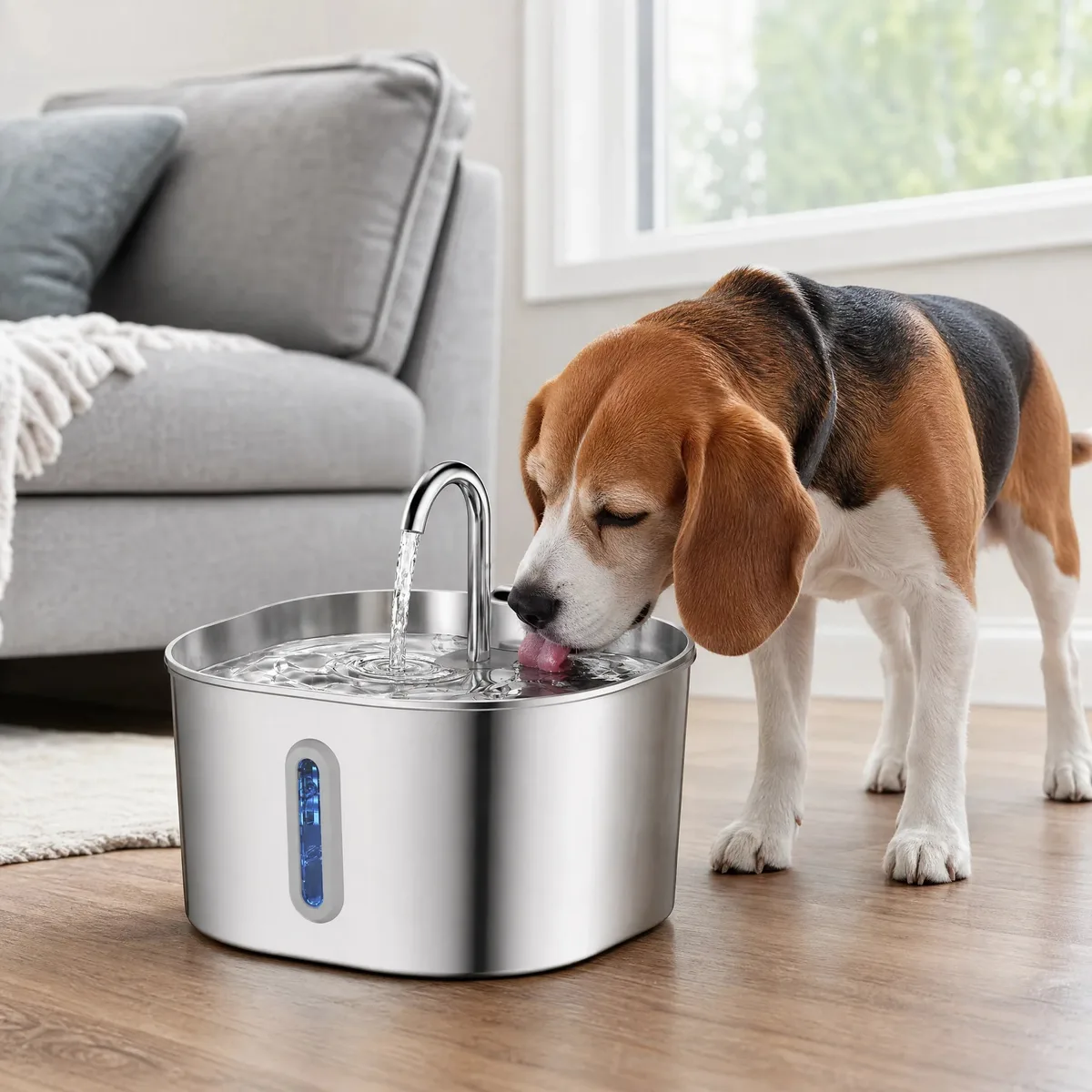 Cane piccolo alla fontana quadrata in acciaio inox in salotto